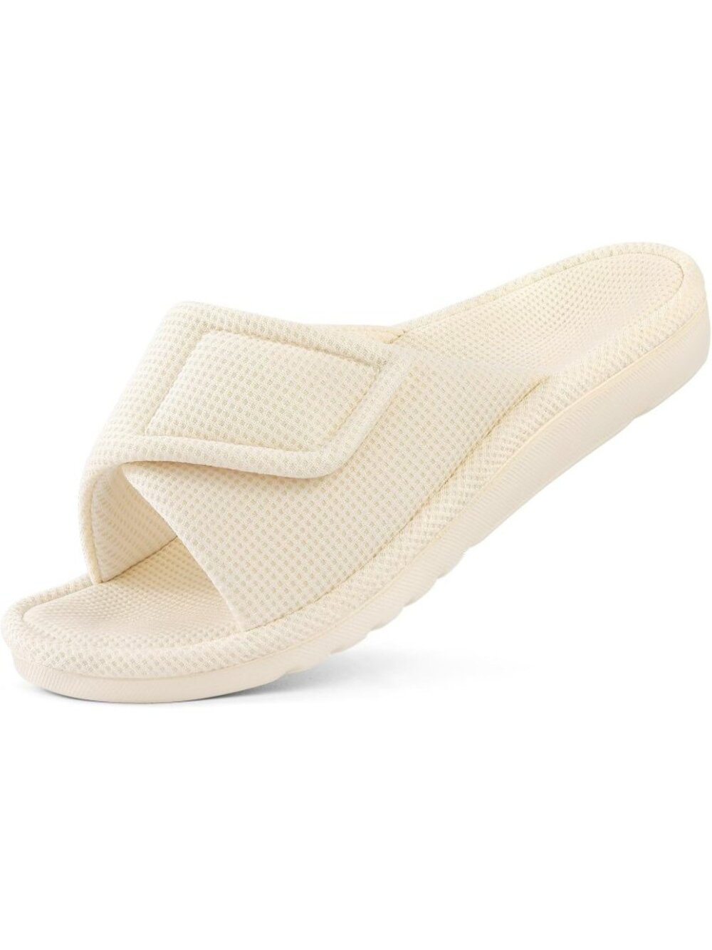 Women's Beige Summer Open Toe Waffle Comfortable Adjustable Strap Flat Slippers